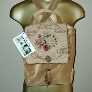 Needlepoint Vintage Look Velvet Embroidered Backpack Pirse